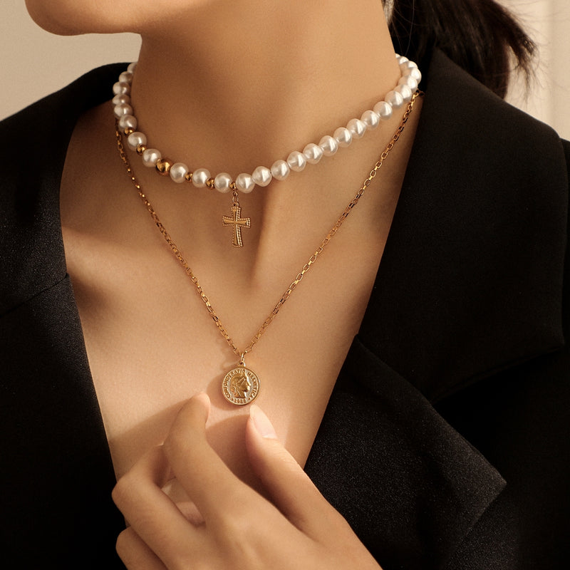 The Devout Layers Stainless Steel Pearl Cross Coin Necklace view 3