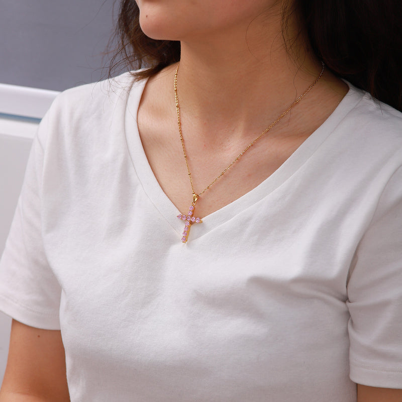 The Rose Grace - Gold Cross Necklace with Pink Crystals