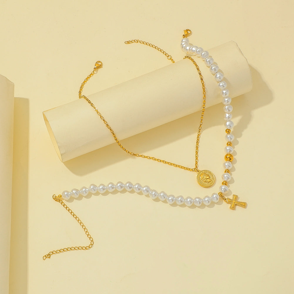 The Devout Layers Stainless Steel Pearl Cross Coin Necklace view 7