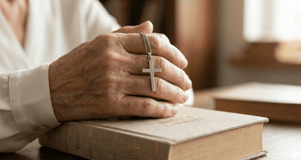 Hands resting on a Bible, wearing a cross ring