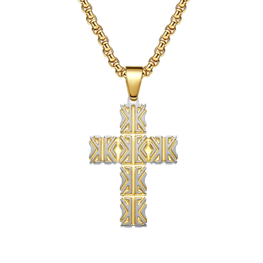 Gold and silver two-tone cross necklace with intricate geometric pattern on white background