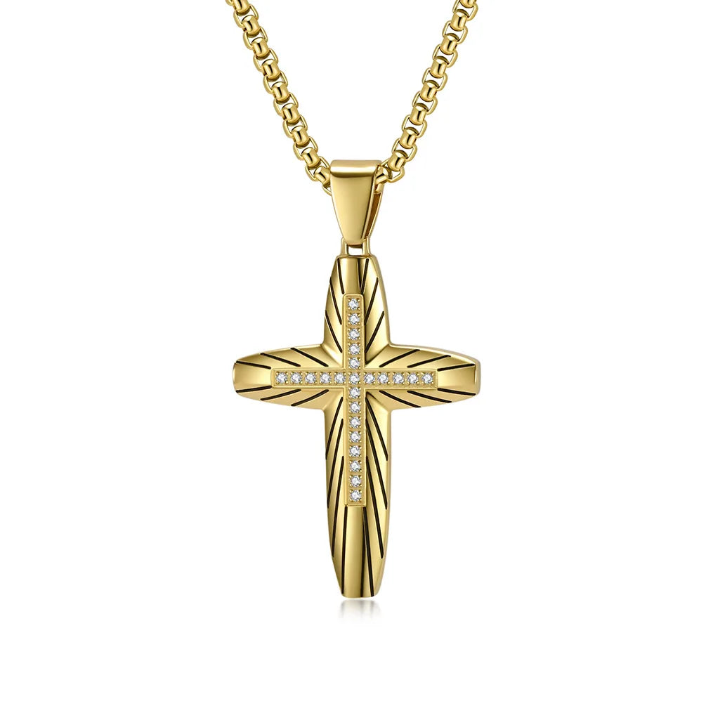 Gold-plated cross necklace with black accents and sparkling diamond-like stones on a chain