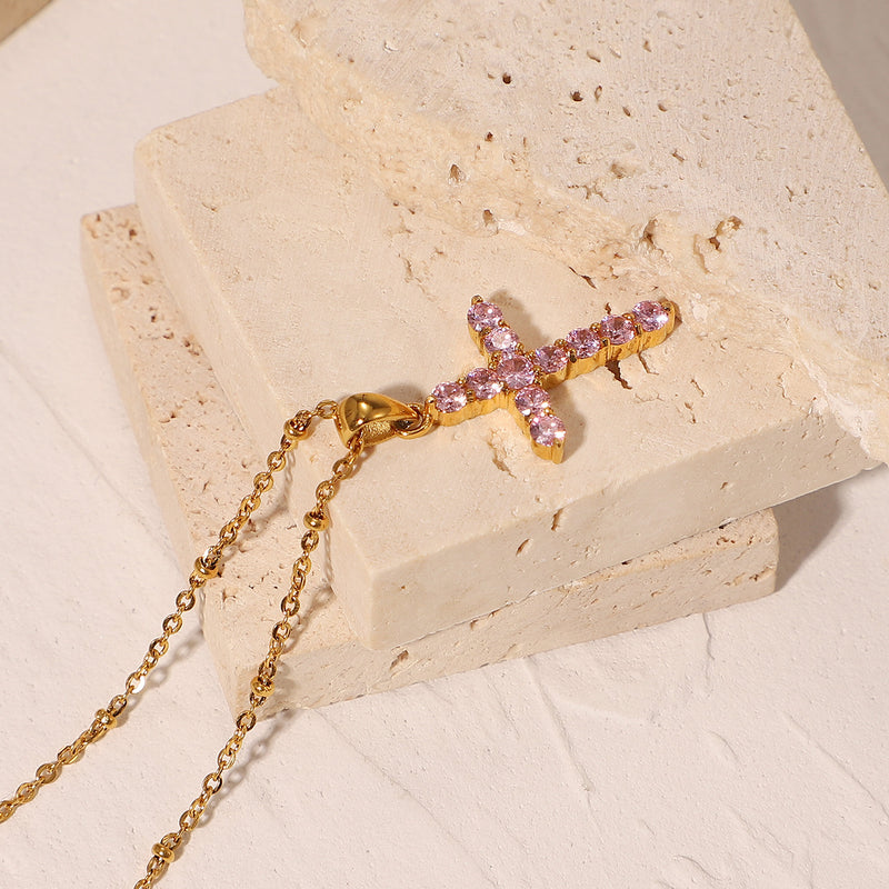The Rose Grace - Gold Cross Necklace with Pink Crystals
