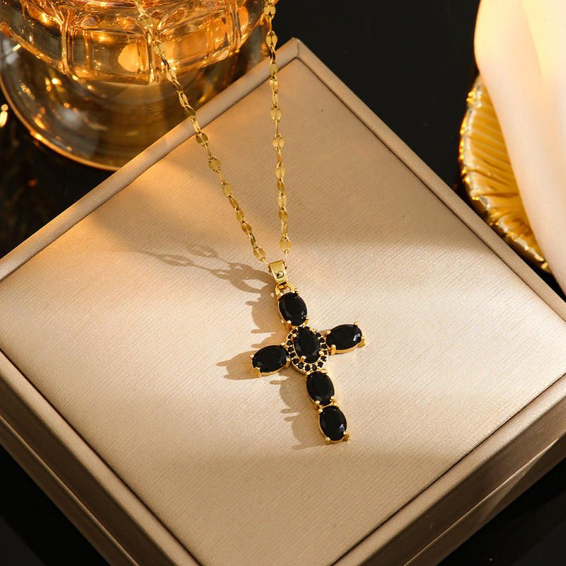 The Obsidian Cross Gold tone Black Zircon Cross Necklace