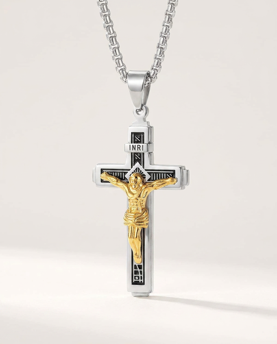 Auric Engraved Cross Medallion - silver crucifix cross pendant variant - mens necklace by Bennett & Cross