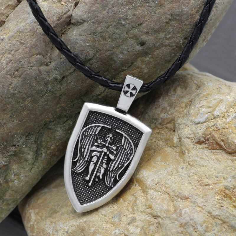 The Archangel Michael Shield, Saint Michael the Archangel Shield Pendant on Braided Cord, view 3