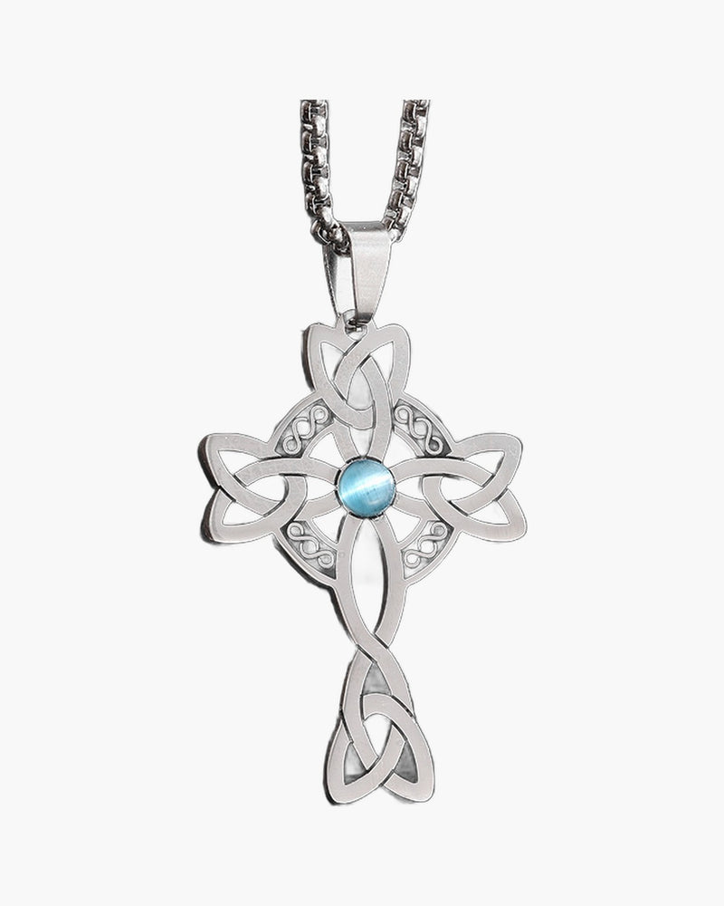 The Celtic Knot Cross, Stainless Steel Celtic Cross Necklace with Blue Stone