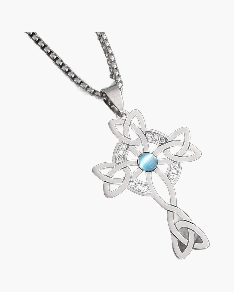 The Celtic Knot Cross, Stainless Steel Celtic Cross Necklace with Blue Stone, view 2