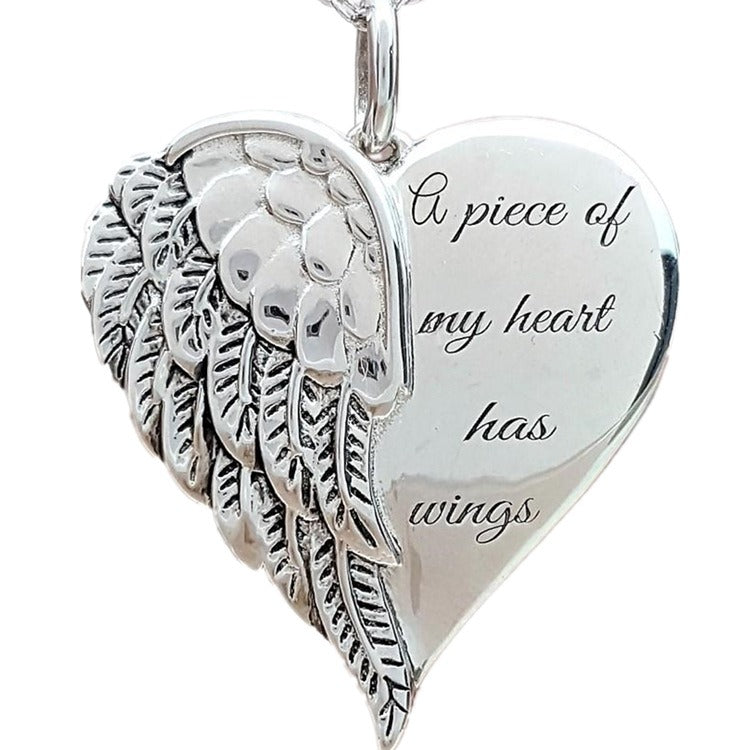 The Heart with Wings, Engraved Angel Wing Heart Remembrance Necklace