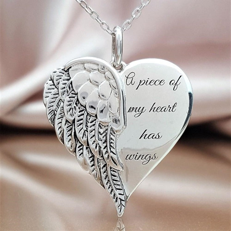 The Heart with Wings, Engraved Angel Wing Heart Remembrance Necklace, view 2