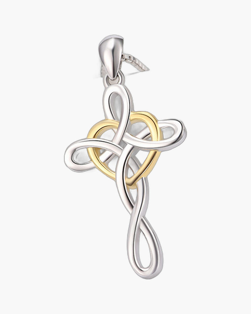 The Knotted Heart Cross, Two-Tone Celtic Knot Heart Cross Necklace