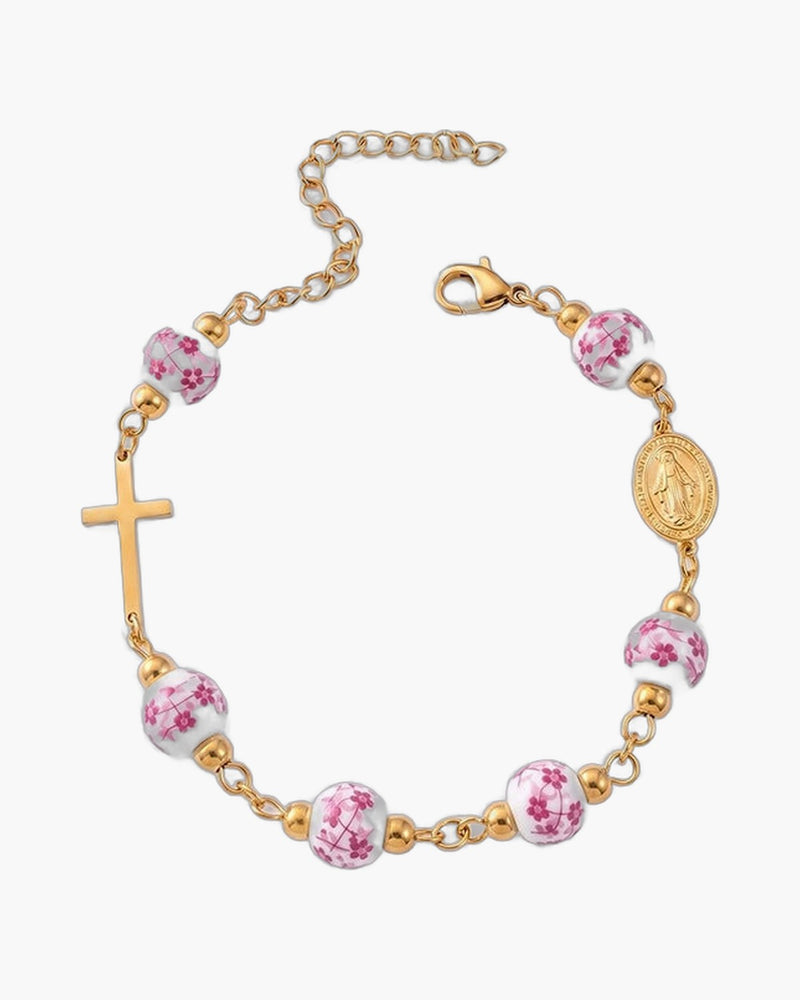 The Porcelain Grace, Miraculous Medal and Sideways Cross Bracelet with Painted Ceramic Beads, view 2