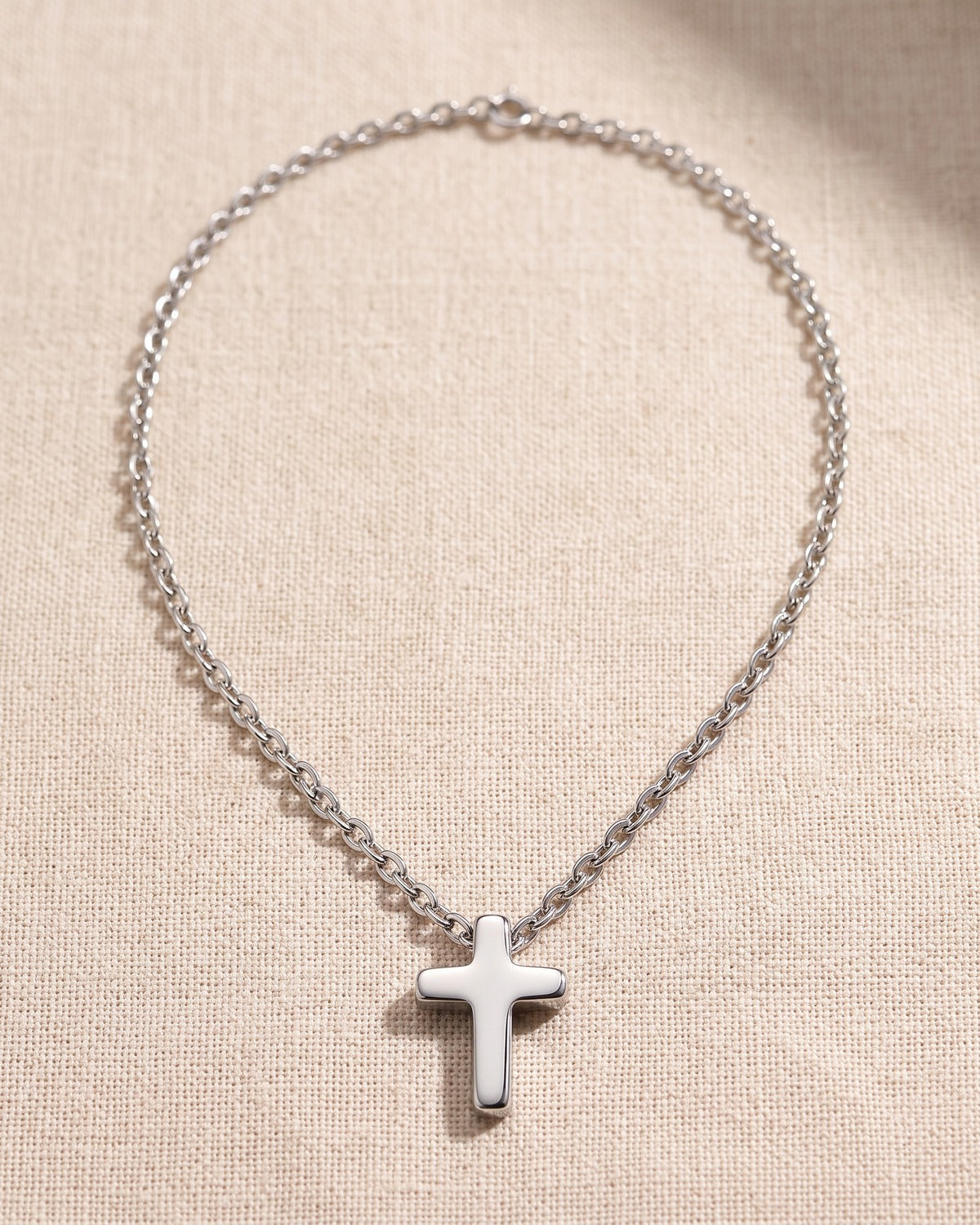 The Quiet Cross necklace laid flat, true to scale [c:silver]