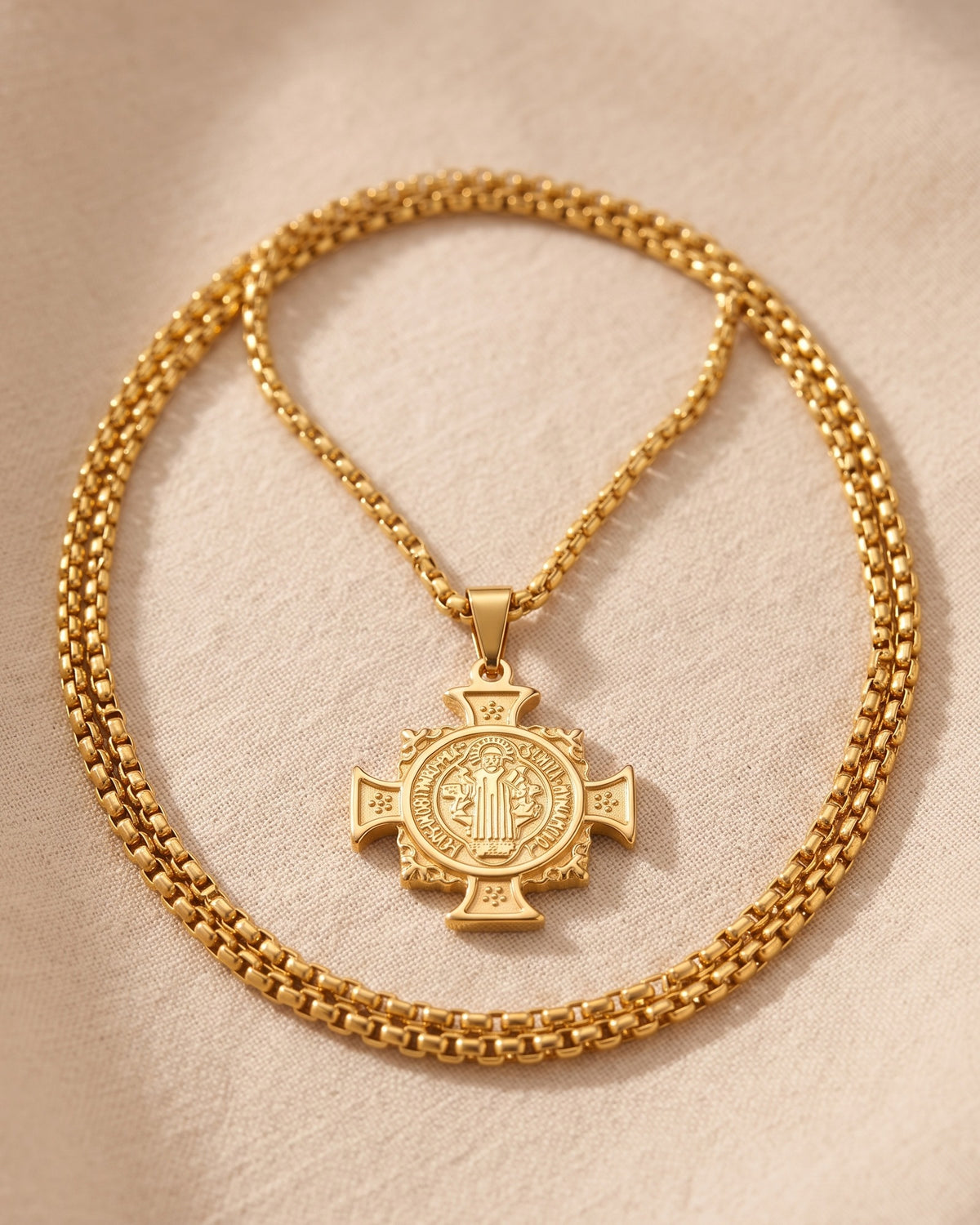 The gold Benedict Cross Medallion laid on linen with its box chain [c:gold]