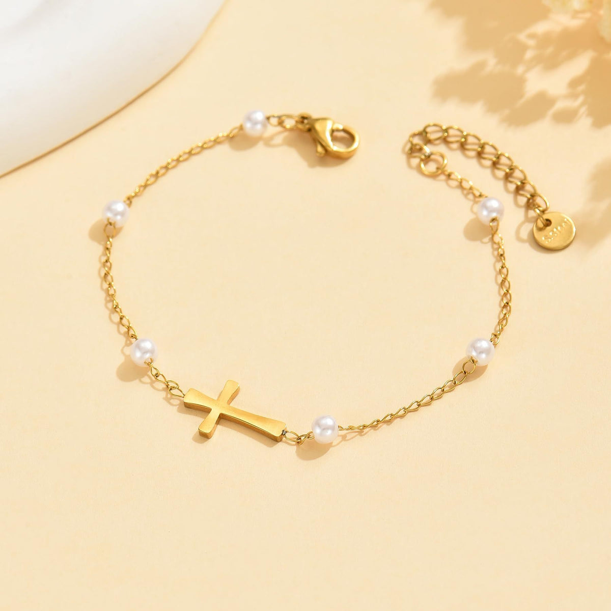 The Serene Strand imitation pearl cross bracelet view 3
