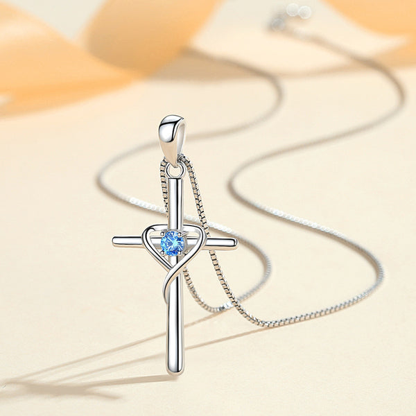 The Azure Heart Cross Sterling Silver Cross Blue Gem Necklace
