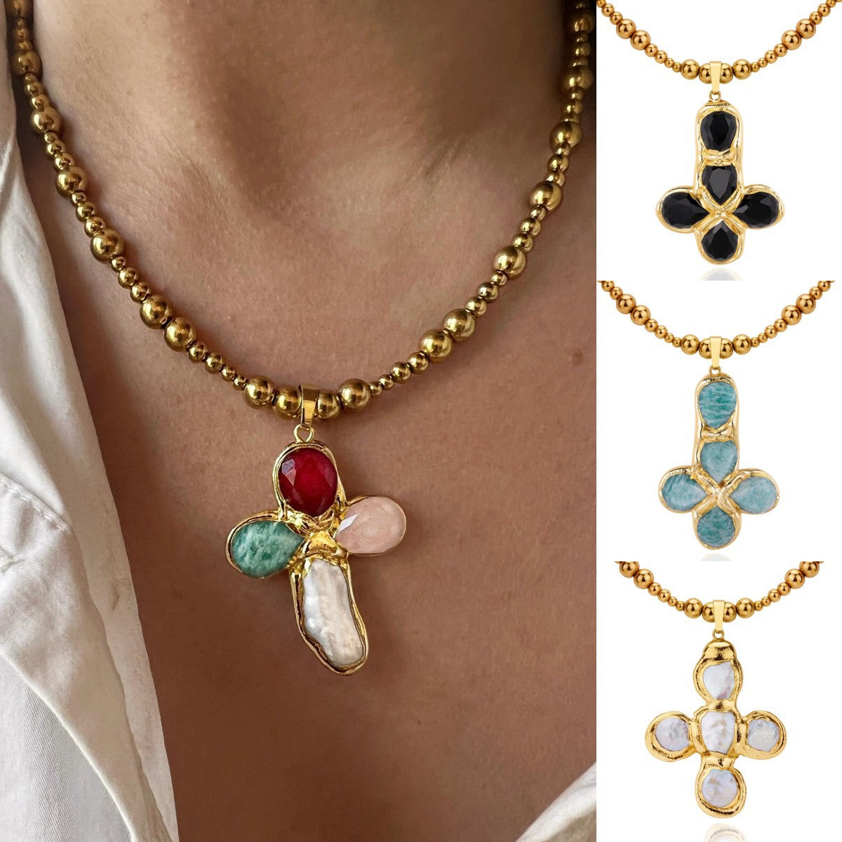 The Gilded Journey Cross Stainless Steel Mixed Gem Cross Necklace view 2