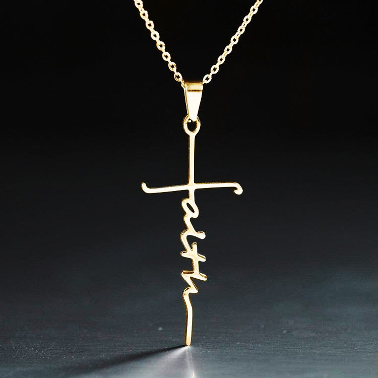 The Scripted Faith Stainless Steel Faith Script Cross Necklace view 4