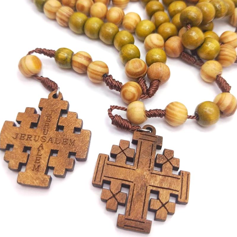 The Pilgrim's Rosary Wood Jerusalem Cross Rosary Necklace