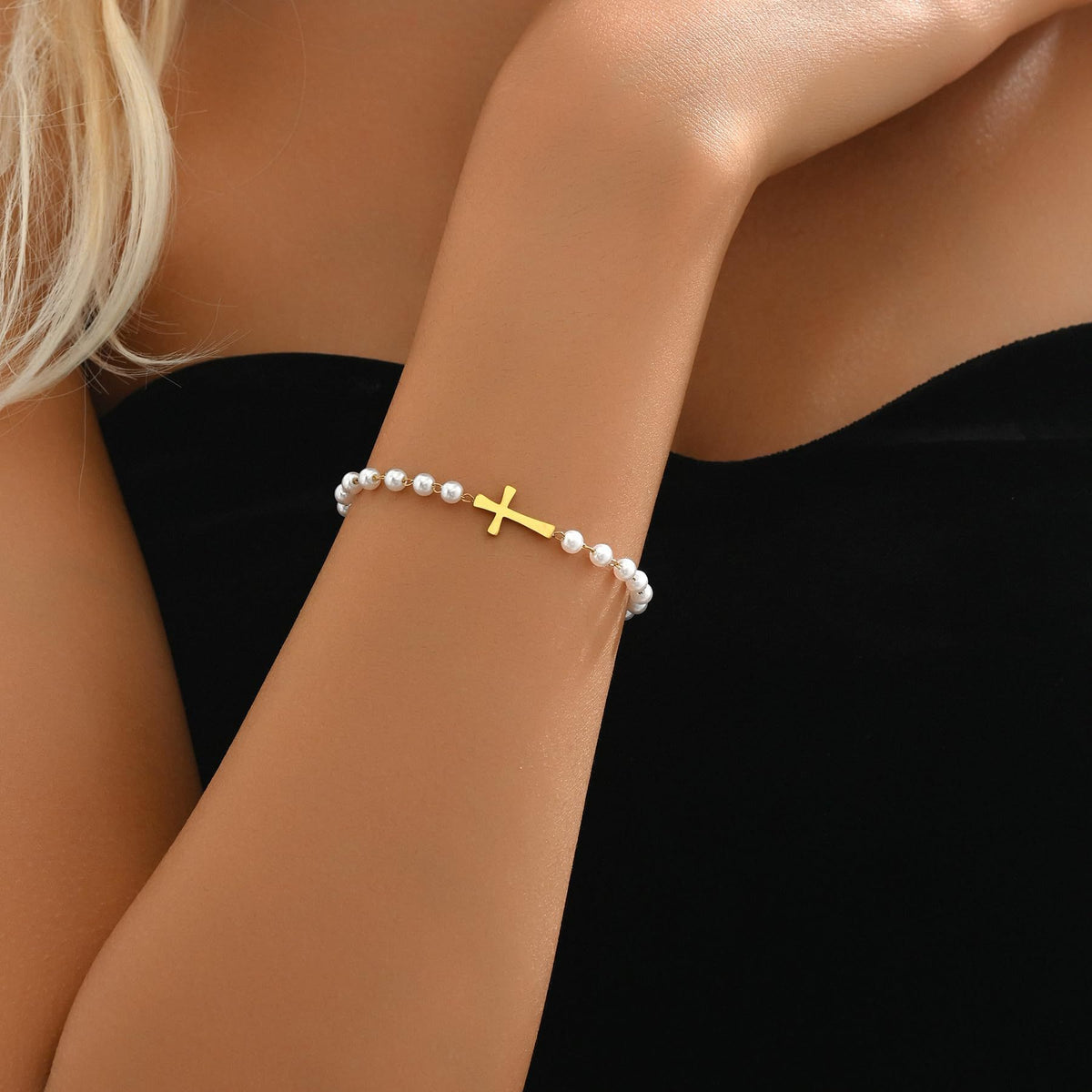 The Serene Strand imitation pearl cross bracelet view 2