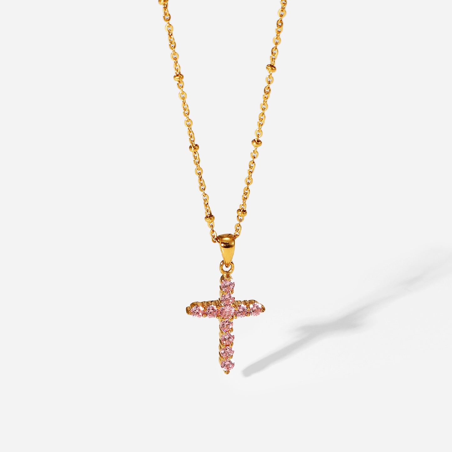 The Rose Grace - Gold Cross Necklace with Pink Crystals