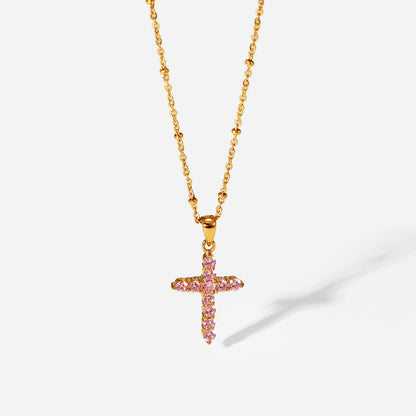 The Rose Grace - Gold Cross Necklace with Pink Crystals