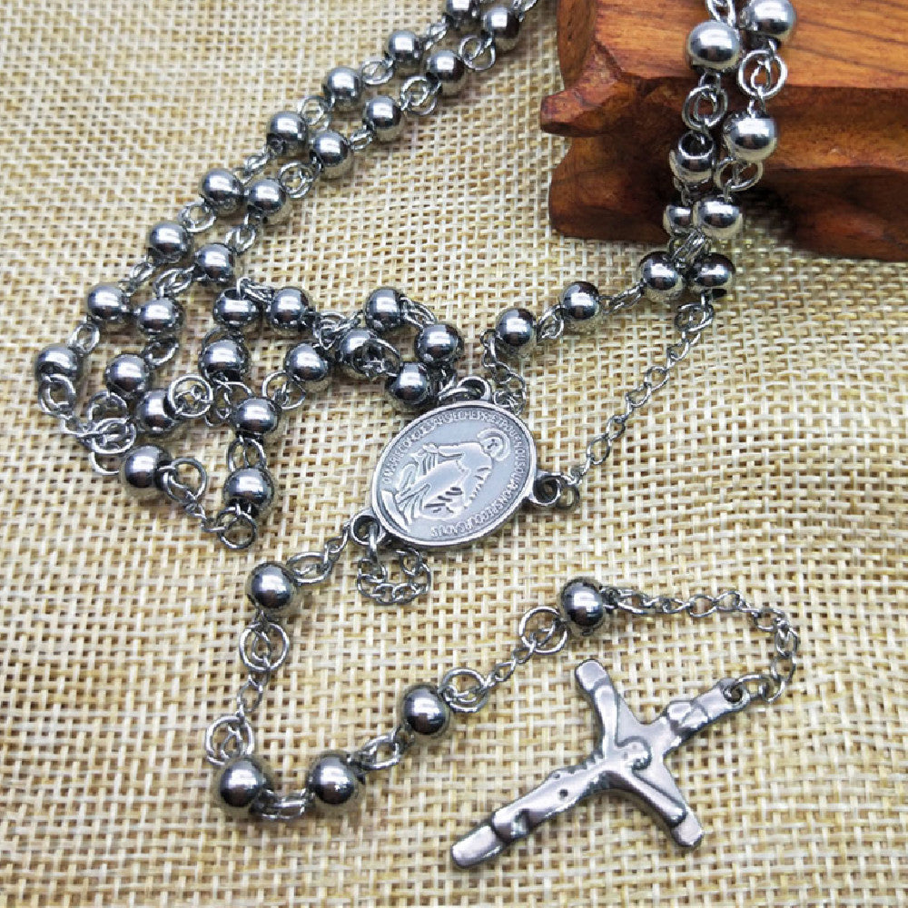 The Prayerful Journey Stainless Steel Rosary Necklace Cross view 2