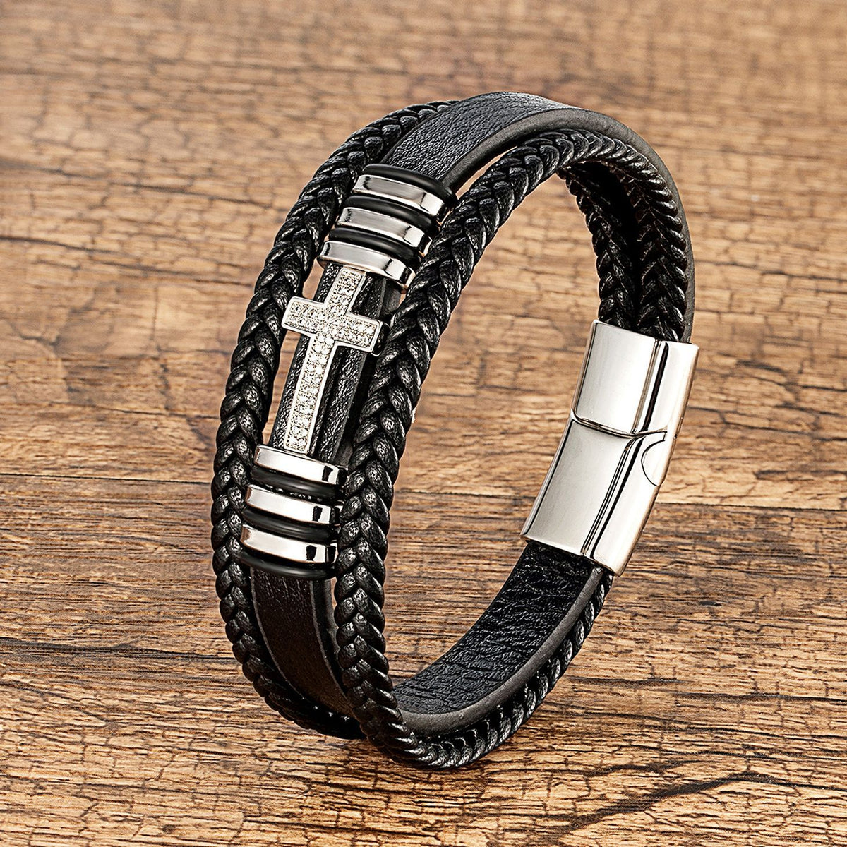 The Layered Devotion Leather Cross Bracelet view 4