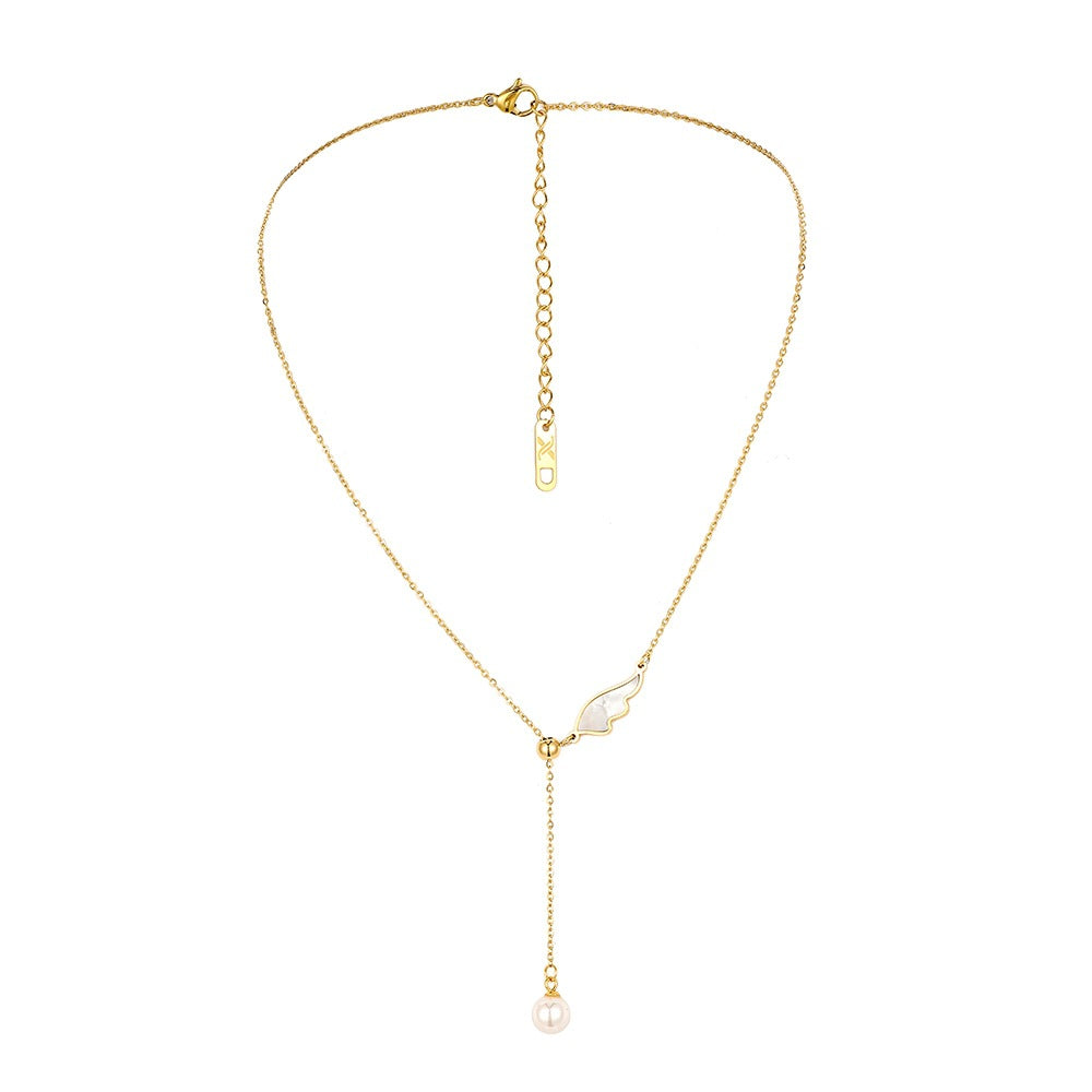 The Angelic Pearl Stainless Steel Angel Wing Pearl Necklace view 4