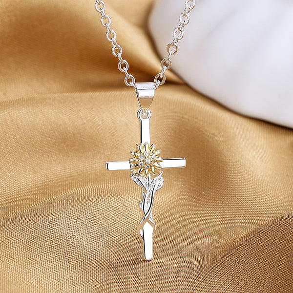 The Blooming Grace - Gold & Silver Sunflower Cross Necklace
