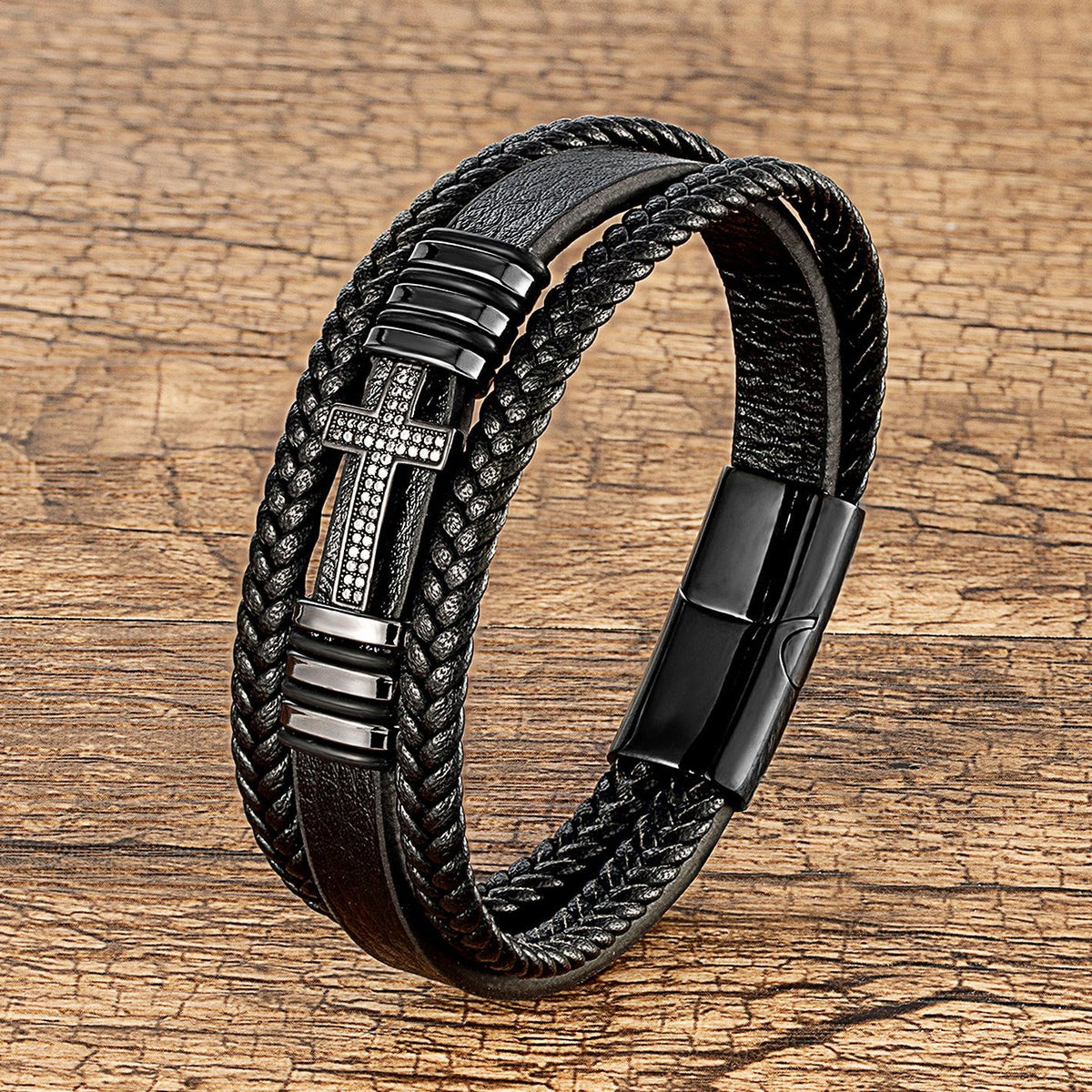 The Layered Devotion Leather Cross Bracelet view 3