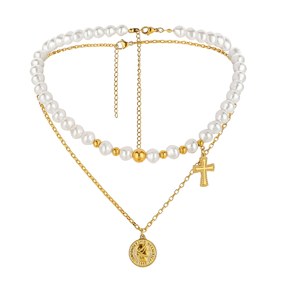The Devout Layers Stainless Steel Pearl Cross Coin Necklace