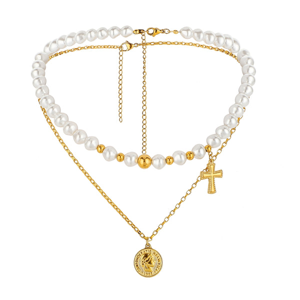 The Devout Layers Stainless Steel Pearl Cross Coin Necklace