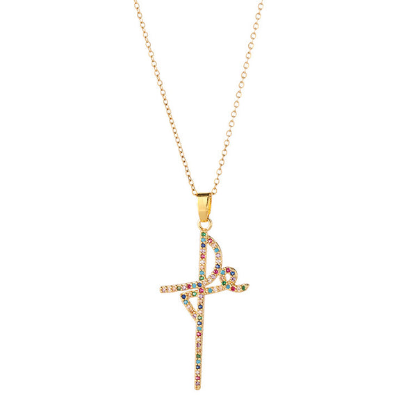 The Prism of Joy - Gold Cross Necklace with Multicolor Crystals