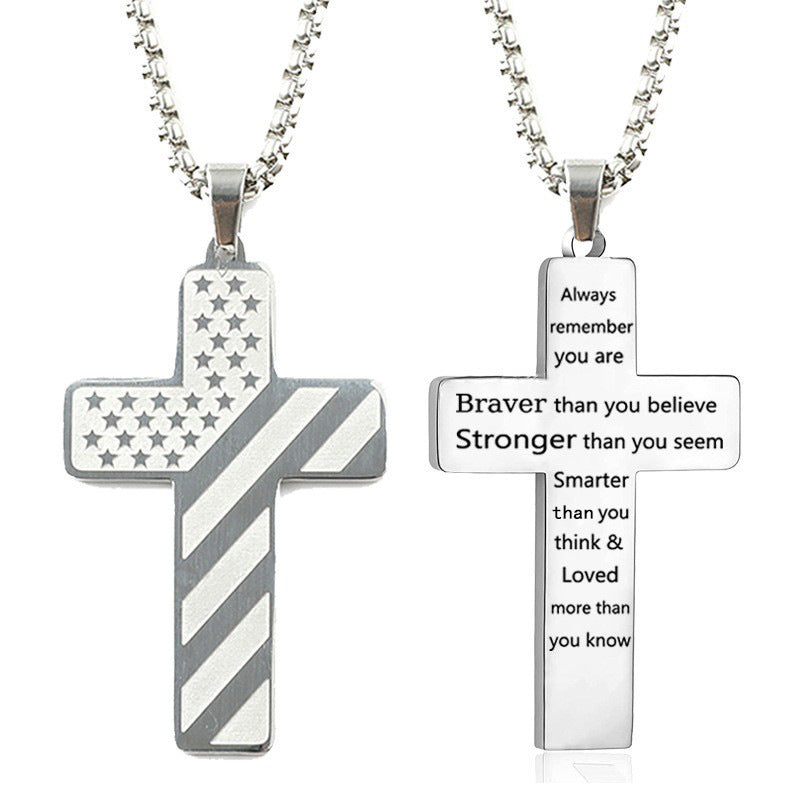 The Patriotic Scripture Cross Stainless Steel Cross Flag Necklace view 6