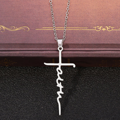 The Scripted Cross Stainless Steel Faith Cross Necklace view 3