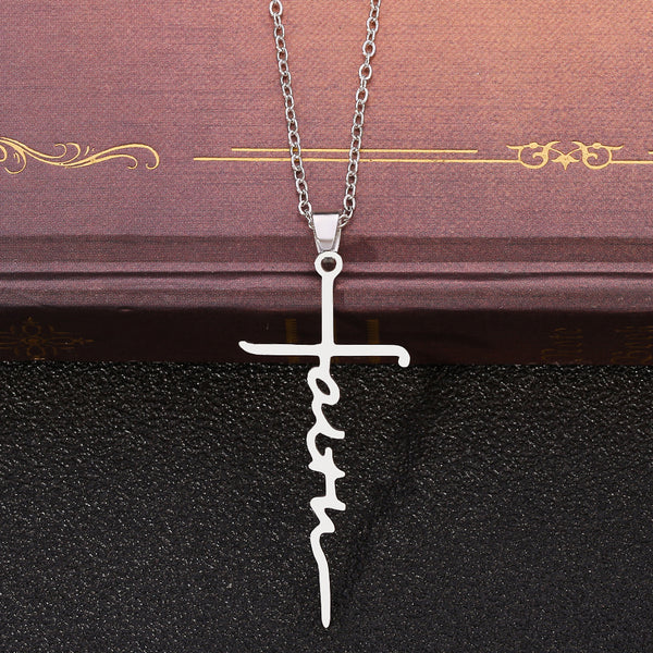 The Scripted Cross Stainless Steel Faith Cross Necklace view 3