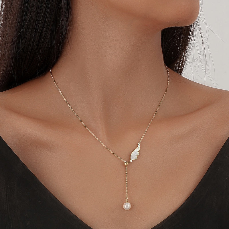 The Angelic Pearl Stainless Steel Angel Wing Pearl Necklace view 5