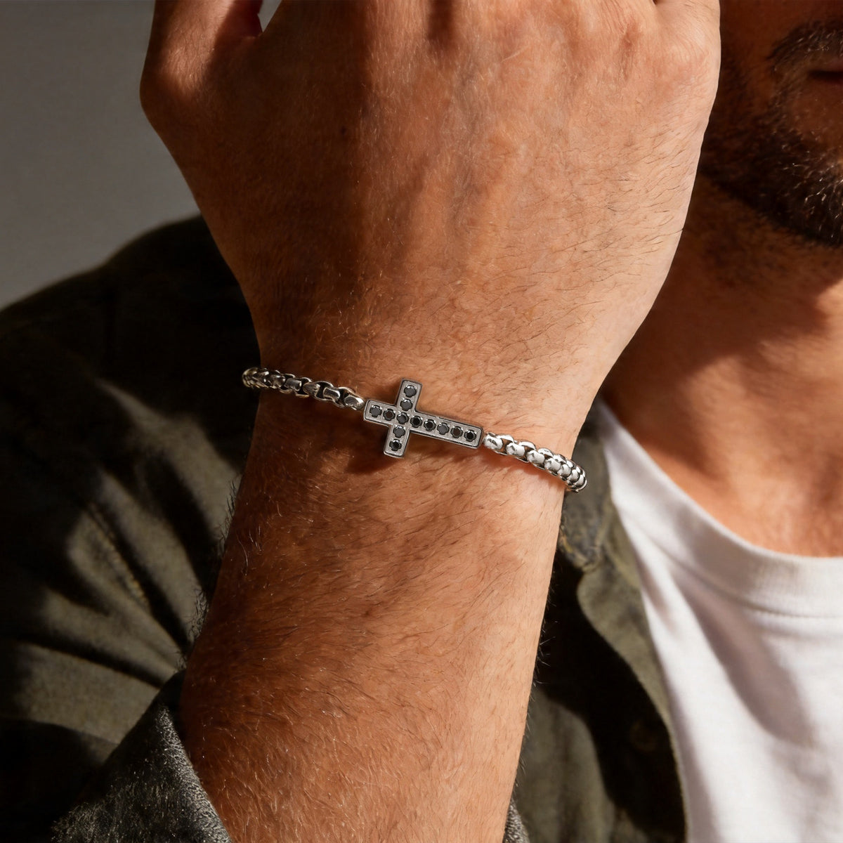 The Onyx Cross Stainless Steel Zircon Cross Bracelet view 2