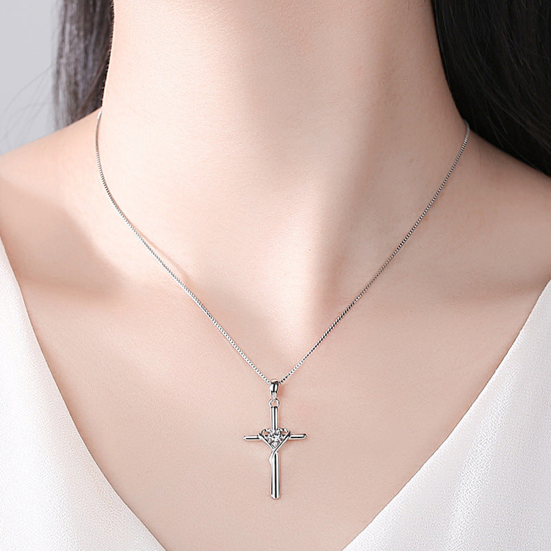 The Azure Heart Cross Sterling Silver Cross Blue Gem Necklace view 5