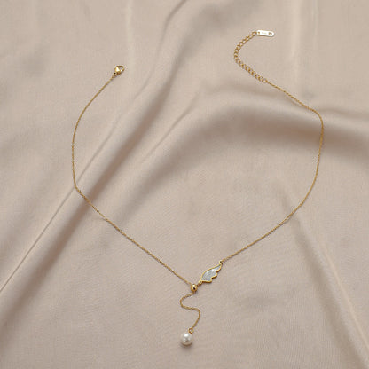 The Angelic Pearl Stainless Steel Angel Wing Pearl Necklace view 2