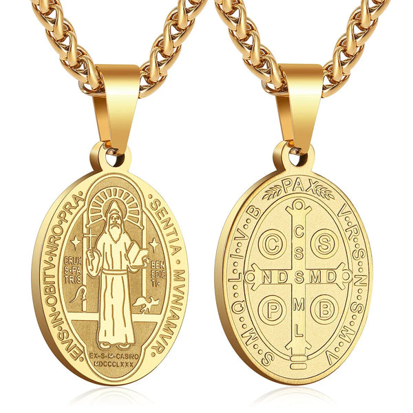 Gold Saint Benedict medal necklace with detailed front and back engravings on a curb chain