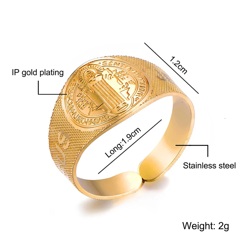 Gold plated stainless steel adjustable ring with a detailed Saint Benedict medal design