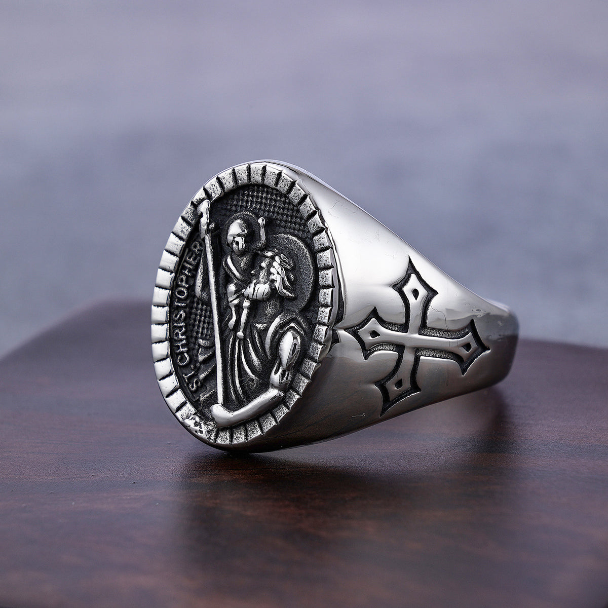 The Divine Carrier Stainless Steel Saint Christopher Ring view 2