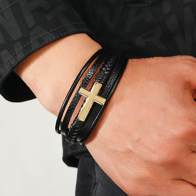 The Woven Faith Men's Cross Leather Bracelet view 5