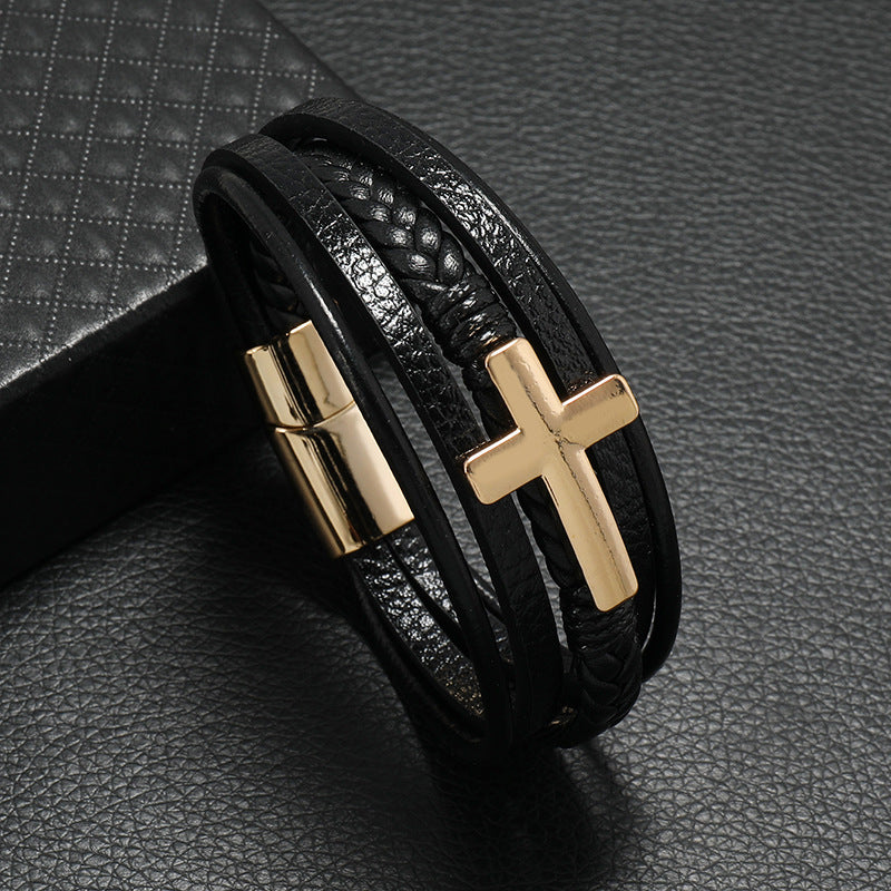 The Woven Faith Men's Cross Leather Bracelet view 2