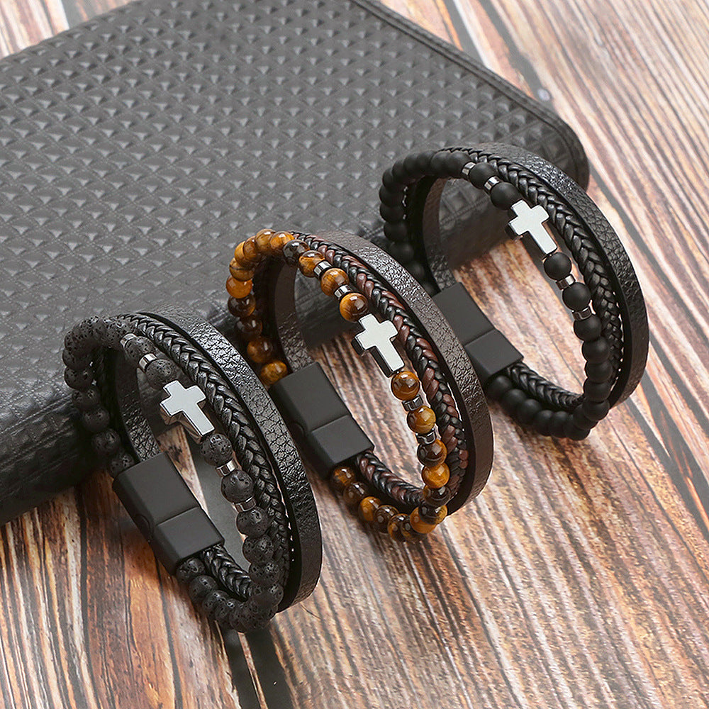 The Faithful Strands Men's natural stone cross bracelet