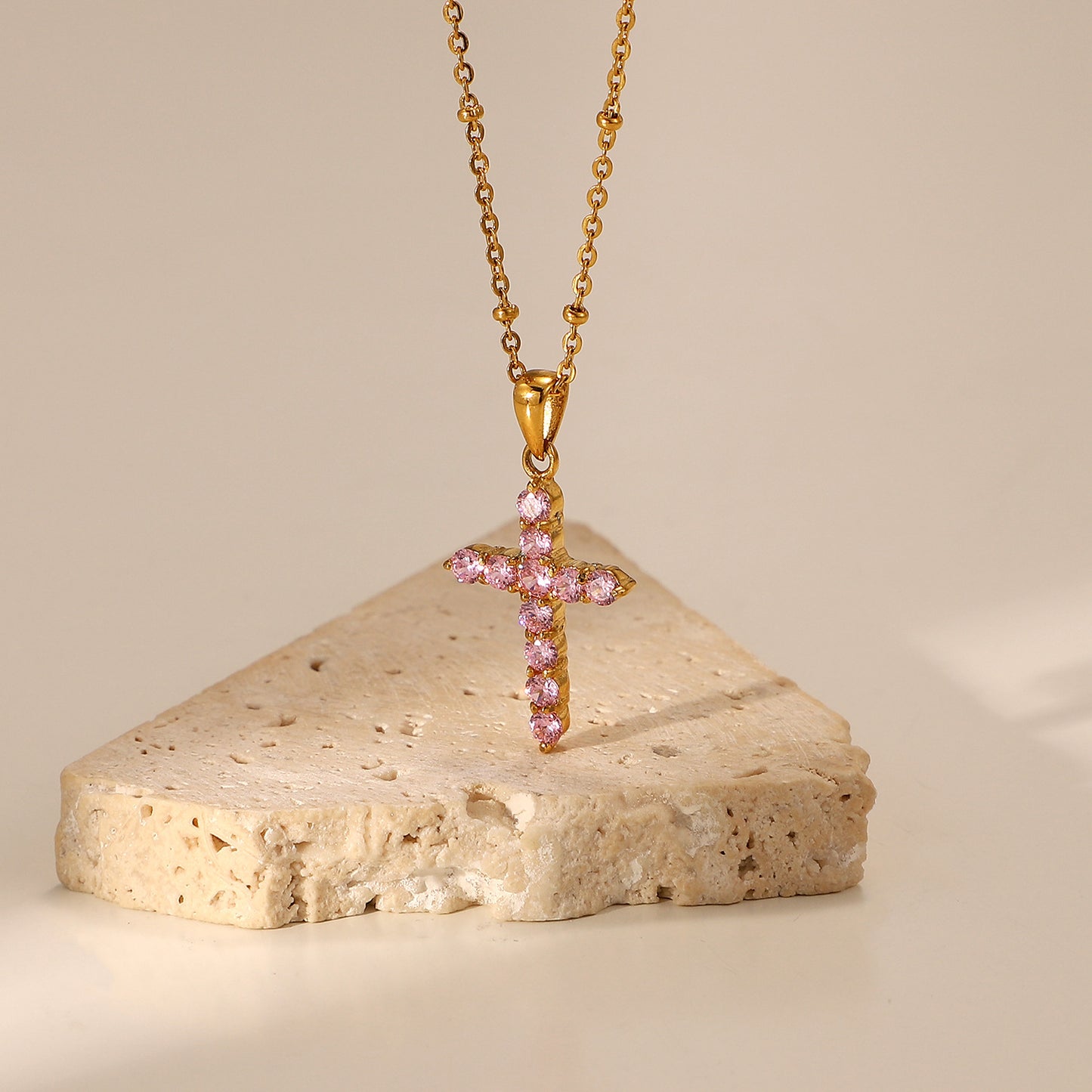 The Rose Grace - Gold Cross Necklace with Pink Crystals