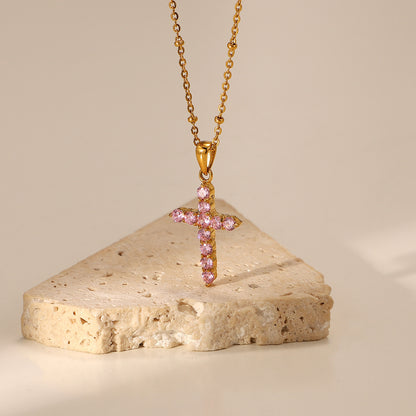 The Rose Grace - Gold Cross Necklace with Pink Crystals