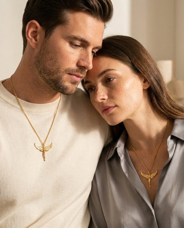 Auric Archangel Sentinel Pendant - worn by model - unisex necklace by Bennett & Cross